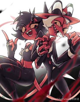 1boy 1girl colored_skin couple crop_top demon_boy demon_girl demon_horns demon_tail formal_clothes guifulanxin092 hellaverse helluva_boss highres horns husband_and_wife looking_at_viewer millie_(helluva_boss) moxxie_(helluva_boss) red_skin sharp_teeth suit tail teeth