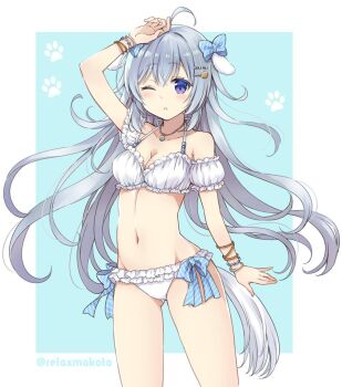 1girl ;o ahoge animal_ears bikini blue_background blue_bow blue_ribbon bow bracelet breasts cleavage commentary_request dog_ears dog_tail female_focus frilled_bikini frills grey_hair groin hair_bow hair_ornament hairclip halterneck hand_on_own_head jewelry long_hair looking_at_viewer navel necklace one_eye_closed original paw_print purple_eyes ribbon sakurai_makoto_(custom_size) shii-chan_(sakurai_makoto_(custom_size)) simple_background small_breasts solo striped_ribbon swimsuit tail twitter_username very_long_hair white_bikini