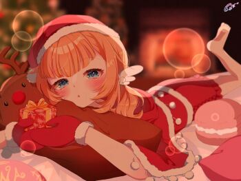 Rule 34 | 1girl, barefoot, blue eyes, blurry, blurry background, blush, box, capelet, christmas, christmas ornaments, christmas tree, depth of field, dress, fur-trimmed headwear, fur trim, gift, gift box, gloves, hat, highres, holding, holding gift, indoors, iroha wds, legs up, long hair, looking at viewer, lying, motosu towa, on stomach, parted lips, red dress, red gloves, reindeer, santa costume, santa hat, skirt, solo, stuffed animal, stuffed toy, twintails, world dai star