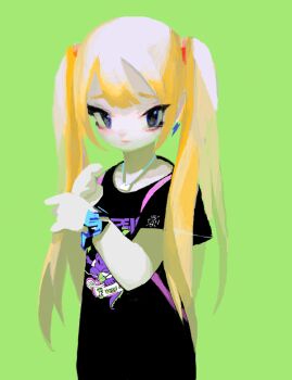 Rule 34 | bad drawr id, bad id, black shirt, blonde hair, furrowed brow, green background, hairband, jewelry, looking at viewer, necklace, oekaki, original, red hairband, shiratsuyu mone, shirt, twintails