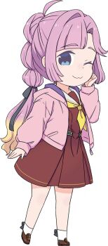 Rule 34 | 1girl, ;3, ahoge, anyoji hime, black bow, black ribbon, blonde hair, blue eyes, blunt sidelocks, bow, bow legwear, brown dress, brown shoes, clenched hand, dress, full body, game cg, gradient hair, hair ribbon, hand on own cheek, hand on own face, hasu no sora school uniform, hood, hood down, hooded jacket, jacket, link! like! love live!, loafers, long sleeves, looking at viewer, love live!, medium dress, mizuki maya, multi-tied hair, multicolored hair, non-web source, official art, one eye closed, open clothes, open jacket, pink hair, pink jacket, pleated dress, ponytail, ribbon, sailor collar, sailor dress, school uniform, self-datamine, shoes, sidelocks, simple background, socks, solo, standing, tachi-e, transparent background, virtual youtuber, white sailor collar, white socks, winter uniform