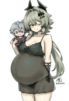1girl bare_shoulders black_dress breasts caesar_king_(zenless_zone_zero) character_doll collarbone commission doll dress green_eyes green_hair grey_hair hair_ornament hairclip highres large_breasts one_eye_closed ponytail pregnant prosthesis prosthetic_arm rotomdocs see-through_clothes short_hair signature smile twitter_username wise_(zenless_zone_zero) yellow_eyes zenless_zone_zero