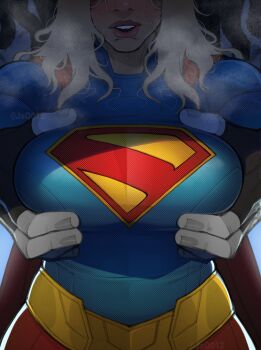 1boy 1girl absurdres blonde_hair blue_bodysuit bodysuit breasts commentary covered_erect_nipples dc_comics english_commentary grabbing_another's_breast groping highres jsq012 large_breasts lobo_(dc) supergirl superhero_costume superman_(series) superman_logo