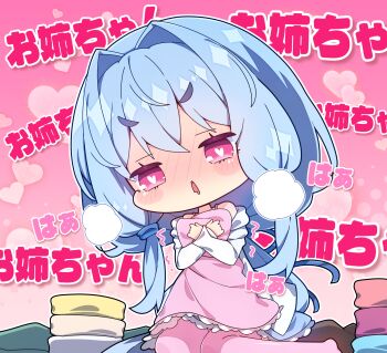 1girl blue_hair blush chibi chibi_only commentary_request folded_clothes hair_intakes hair_ornament heart heart-shaped_pupils highres kotonoha_aoi long_hair long_sleeves milkpanda nose_blush open_mouth outline pink_background pink_eyes pink_thighhighs pom_pom_(clothes) pom_pom_hair_ornament shirt sitting symbol-shaped_pupils thick_eyebrows thighhighs translation_request unworn_clothes voiceroid wariza white_outline white_shirt