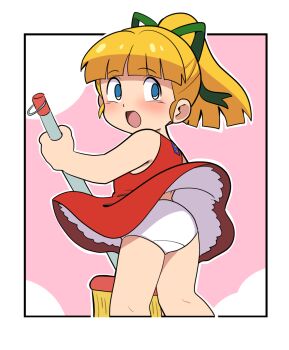 1girl android ass blonde_hair blue_eyes blush broom capcom dress empty_eyes from_behind green_ribbon hair_ribbon highres holding holding_broom long_hair looking_back mega_man_(classic) mega_man_(series) open_mouth panties pink_background ponytail red_dress ribbon robot roll_(mega_man) sleeveless sleeveless_dress standing underwear white_panties wind wind_lift yume_yoroi