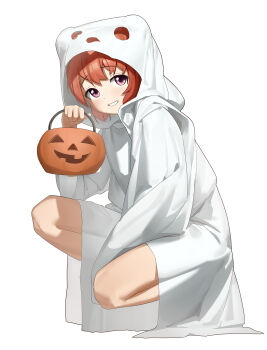 1girl absurdres akaza_akari alternate_costume commentary full_body ghost_costume halloween halloween_bucket halloween_costume highres holding hood hood_up jack-o&#039;-lantern keibi_inu knees looking_at_viewer pumpkin purple_eyes red_hair sheet_ghost short_hair simple_background smug solo squatting teeth white_background yuruyuri