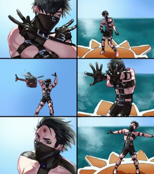 Rule 34 | 1boy, aircraft, arms up, belt, black footwear, black hair, black shorts, covered mouth, dancing, double v, e.g.o (project moon), hands up, helicopter, highres, hot limit, limbus company, male focus, meursault (project moon), mid (pixiv 63600459), ocean, project moon, regret (e.g.o), shoes, shorts, sun, t.m.revolution, too many, too many belts, v