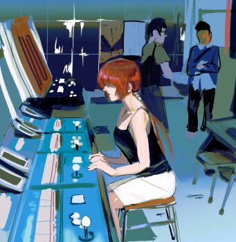 1girl arcade arcade_cabinet bad_tag breasts chair curvy dan_koflove female_focus helmet highres indoors long_hair medium_breasts pale_skin ponytail red_hair screen shermie_(kof) shirt sitting the_king_of_fighters thighs twintails