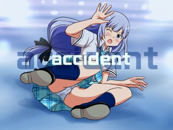 1girl accidental_exposure black_ribbon black_shoes blue_eyes blue_hair blue_necktie blue_skirt blue_socks blush commentary crotch_seam dress_shirt english_text falling frown hair_ornament hair_ribbon hairclip highres idolmaster idolmaster_million_live! idolmaster_million_live!_theater_days lielos loafers long_hair looking_at_viewer low-tied_long_hair miniskirt necktie one_eye_closed open_mouth panties pantyshot plaid_clothes plaid_necktie pleated_skirt ribbon school_uniform shiraishi_tsumugi shirt shoes short_sleeves skirt socks solo sweatdrop underwear very_long_hair white_panties white_shirt wing_collar