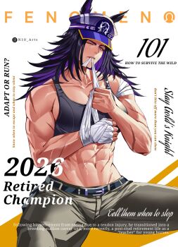 1girl abs animal_ears bandages bare_shoulders belt biting black_belt black_hair breasts collarbone commentary cover ears_through_headwear english_commentary english_text fenomeno_(umamusume) flipped_hair grey_pants hand_wraps hat highres horse_ears horse_girl horseshoe_hat_ornament horseshoe_ornament large_breasts long_hair looking_at_viewer magazine_cover multicolored_hair multiple_scars muscular muscular_female n10_arts navel one_eye_closed pants parted_lips peaked_cap purple_eyes purple_hair scar scar_on_arm scar_on_stomach sports_bra stomach umamusume white_sports_bra