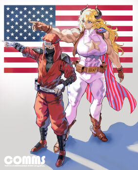 1boy 1girl absurdres american_flag american_flag_print belt_buckle black_horns blonde_hair body_freckles breast_freckles buckle cape cleavage_cutout clothing_cutout commentary commission covered_abs cow_girl cow_horns english_commentary fingerless_gloves flag_print freckles gloves highres horns long_hair muscular muscular_female original park_ongjol shoulder_freckles star_(symbol) star_cutout star_print tall_female twitter_username ushi_walker_(mha_quest)