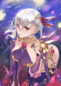 1girl armlet armor bare_shoulders bikini_armor blush bracelet breasts circlet collar detached_sleeves dress earrings fadingz fate/grand_order fate_(series) floral_print hair_ribbon jewelry kama_(assassin)_(second_ascension)_(fate) kama_(fate) kama_(second_ascension)_(fate) kama_(teenager)_(fate) large_breasts long_hair looking_at_viewer metal_collar pelvic_curtain purple_dress purple_sleeves purple_thighhighs red_eyes ribbon ring sideboob smile solo thighhighs thighlet thighs white_hair