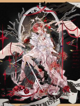 1boy :o ankle_boots asymmetrical_sleeves bare_tree bird black_background boots border bow branch brooch center_opening chashuimeifiom chest_jewel chinese_commentary collarbone disembodied_hand doll_joints earrings english_text flower fold-over_boots footwear_flower frown full_body gem gold_earrings grey_boots hair_bow hair_ornament hair_over_one_eye halo hand_on_own_chest high-waist_shorts highres horns in_tree jewelry joints knees_together_feet_apart lace-trimmed_veil lace_trim layered_sleeves letterboxed long_sleeves looking_down male_focus material_growth one_eye_covered open_mouth original outside_border petals picture_frame puffy_long_sleeves puffy_sleeves reaching red_flower red_gemstone red_hair red_ribbon red_rose ribbon rose sash see-through_clothes see-through_veil shirt short_over_long_sleeves short_sleeves shorts shoulder_sash single_horn sitting sitting_in_tree skeletal_arm solo sparkle spider_lily swallow_(bird) thigh_strap tree tree_horns veil waist_cape white_bow white_gemstone white_sash white_shirt white_shorts white_veil wing_hair_ornament winged_halo yellow_border yellow_eyes yellow_halo