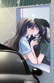 2girls bang_dream! bang_dream!_it's_mygo!!!!! baseball_cap black_hair black_hat blue_neckerchief blue_sailor_collar blue_shirt blush chinese_commentary closed_eyes closed_mouth clothes_grab commentary_request green_shirt hanasakigawa_school_uniform hat heart highres kiss long_hair medium_hair microphone multiple_girls neckerchief pixelated sailor_collar school_uniform serafuku shiina_taki shirt short_sleeves skirt yahata_umiri yoyoray20001996 yuri