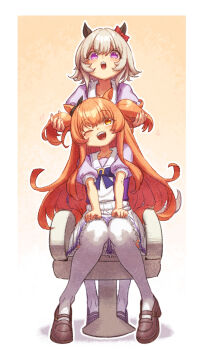 2girls animal_ears blush bow bowtie breasts brown_ribbon chair commentary_request creape curren_chan_(umamusume) ear_bow ear_covers ear_ribbon grey_hair hair_between_eyes highres horse_ears horse_girl horse_tail long_hair mayano_top_gun_(umamusume) multiple_girls on_chair one_eye_closed open_mouth orange_eyes orange_hair pleated_skirt puffy_short_sleeves puffy_sleeves purple_bow purple_bowtie purple_eyes purple_shirt red_bow ribbon sailor_collar sailor_shirt school_uniform shirt shoes short_hair short_sleeves sitting skirt smile tail teeth thighhighs tracen_school_uniform two_side_up umamusume upper_teeth_only white_sailor_collar white_skirt white_thighhighs