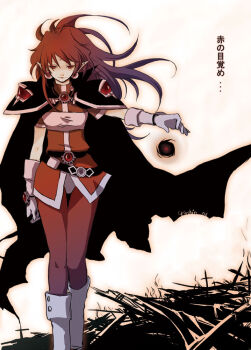 1girl boots cape darkness earrings female_focus gloves jewelry knee_boots lina_inverse long_hair magic pointy_ears power red_eyes red_hair ruins slayers solo white_boots yoshin