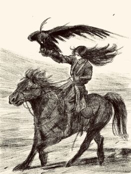 1girl bird black_hair falcon full_body highres horse long_hair original riding riding_animal saddle solo tp_p_pt white_background