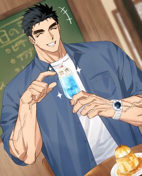 Rule 34 | 1boy, bara, black hair, blue jacket, bodybuilder, breast pocket, closed eyes, cup, domo (domo kizusuki), food, highres, holding, holding cup, holding food, indoors, jacket, kokado shido (domo), large pectorals, male focus, manly, muscular, muscular arms, muscular male, original, pectorals, pocket, pointing, pudding, scar, scar on arm, shirt, short hair, shredded muscles, sideburns, smile, sparkle, table, tareme, v-taper, veins, veiny arms, watch, white shirt, wooden table, wristwatch