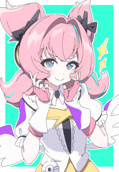1girl absurdres aqua_hair aqua_streaks blue_eyes blush border breasts closed_mouth commentary_request dress fingerless_gloves frilled_sleeves frills gloves green_background hair_intakes hands_up highres hutsugyou looking_at_viewer multicolored_hair pink_gloves pink_hair short_twintails small_breasts smile solo sparkle sparkling_eyes streaked_hair twintails upper_body white_border white_dress white_wings wings yutane_johiel zenless_zone_zero
