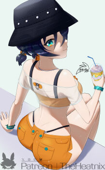 Rule 34 | 1girl, ass, ass focus, back, belle (summer skies) (zenless zone zero), belle (zenless zone zero), bikini, bikini bottom under shorts, bikini under clothes, blue hair, breasts, bucket hat, crop top, drink, from behind, green eyes, hair ornament, hand on floor, hat, highres, holding, holding drink, looking at viewer, looking back, official alternate costume, orange bikini, orange shorts, patreon username, see-through clothes, see-through shirt, shirt, short hair, shorts, sitting, smile, swimsuit, theheatnix, zenless zone zero