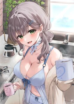 1girl :d babydoll blue_babydoll blue_choker breasts cardigan cardigan_partially_removed choker cleavage coffee commentary_request cup day front_slit green_eyes grey_hair hair_ornament hair_rings hairclip highres holding holding_cup hololive incoming_drink jewelry large_breasts looking_at_viewer medium_hair navel necklace official_alternate_costume official_alternate_hairstyle open_mouth pecco_(pecco297) ribbon_choker shirogane_noel shirogane_noel_(sleepwear) single_hair_ring smile solo virtual_youtuber white_cardigan