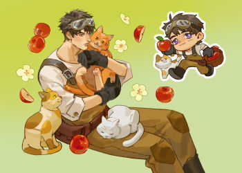 Rule 34 | 1boy, :3, anger vein, animal, animal on lap, apple, aviator goggles, basket, black gloves, brown hair, brown overalls, caleb (love and deepspace), cat, cat on lap, chibi, chibi inset, flower, food, fruit, fruit background, gloves, goggles, goggles on head, highres, holding, holding animal, holding basket, holding cat, holding food, holding fruit, knee pads, love and deepspace, male focus, multiple views, on lap, overalls, purple eyes, shirt, short hair, sitting, sleeves rolled up, white flower, white shirt, yellow background, yukinnn