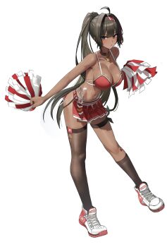 1girl absurdres bandaid bandaid_on_arm bandaid_on_hip bandaid_on_stomach bandaid_on_thigh bay_(nikke) cheerleader dark-skinned_female dark_skin full_body goddess_of_victory:_nikke hallo_(rltkdydrltk) highres lock mole mole_on_stomach navel padlock padlocked_collar red_streaks simple_background solo two-tone_tank_top white_background
