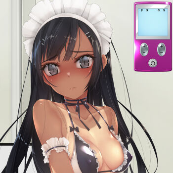 1girl arm_garter bare_shoulders bikini black_bikini black_eyes black_hair blush breasts cleavage closed_mouth collarbone controller covered_erect_nipples embarrassed frilled_bikini frills hair_ornament hairclip hime_cut long_hair looking_at_viewer maid maid_bikini maid_headdress medium_breasts murakami_suigun neck_ribbon one-piece_tan original remote_control ribbon shiny_skin side-tie_bikini_bottom solo standing swept_bangs swimsuit tan tanline unconventional_maid underwear
