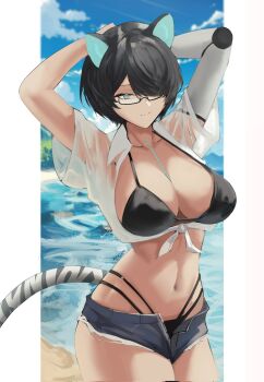 1girl animal_ears bikini black_hair blue_eyes breasts chika_232 denim erina_makina glasses hair_over_one_eye large_breasts midriff navel phase_connect second-party_source shirt short_shorts shorts swimsuit tagme tail tied_shirt tiger_ears tiger_tail