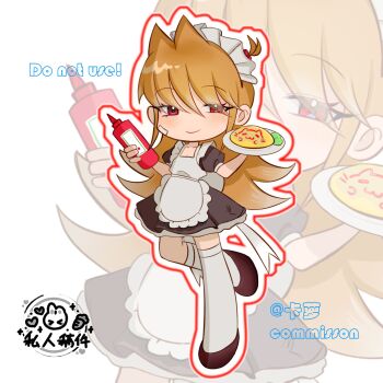 Rule 34 | 1girl, alternate costume, animification, apron, black dress, black shoes, brown hair, chinese commentary, commentary request, commission, deformed, dress, eddsworld, enmaided, food, full body, hair bobbles, hair ears, hair ornament, highres, holding, holding food, holding plate, long hair, looking at viewer, maid, maid apron, maid headdress, mu997239, omelet, outline, plate, red eyes, shoes, smile, solo, standing, standing on one leg, thighhighs, tori (eddsworld), white thighhighs, zoom layer