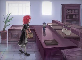 1girl 4xp3u apron basket black_shoes cabinet carrying counter expressionless frills from_side holding holding_basket jar kitchen lantern maid maid_apron medium_hair original oven pantyhose plant potted_plant profile red_hair reflective_floor reflective_table shelf shoes solo table tray walking window