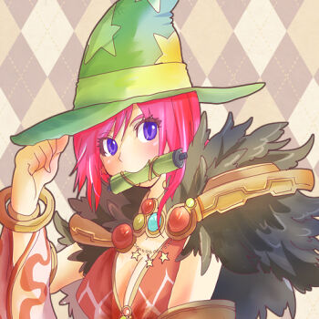 Rule 34 | 1girl, argyle background, argyle clothes, argyle dress, blush, breasts, brown background, cleavage, commentary request, detached sleeves, dress, fur collar, green hat, hat, large breasts, lautrec v, looking at viewer, lowres, pink hair, purple eyes, ragnarok online, scroll tube, short hair, solo, sorcerer (ragnarok online), star (symbol), star print, upper body, witch hat