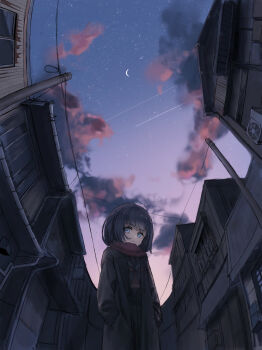 1girl air_conditioner black_hair blue_eyes brown_coat building cloud coat commentary crescent_moon evening from_below hands_in_pockets highres moon neckerchief original power_lines red_neckerchief red_scarf sailor_collar sakiika0513 scarf scenery shooting_star sky solo standing star_(sky) starry_sky town utility_pole ventilator