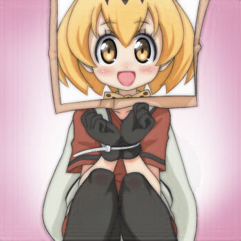 1girl backpack bag bag_on_head black_gloves black_pantyhose bound bound_wrists cable_tie gloves grey_shorts kaban_(kemono_friends) kemono_friends looking_at_viewer pantyhose paper_bag photo_(object) pink_background red_shirt serval_(kemono_friends) shirt short_sleeves shorts sitting t_jiroo_(ringofriend)