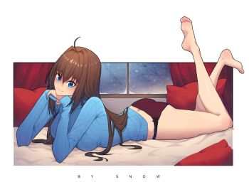 1girl ahoge aozaki_aoko ass barefoot black_hair black_panties blue_eyes blue_sweater breasts butt_crack commentary curtains english_commentary feet_up full_body hair_intakes head_rest highres long_hair lying mahou_tsukai_no_yoru medium_breasts no_pants on_stomach panties pillow ribbed_sweater sleeves_past_wrists snowing soles solo suhyeon sweater the_pose turtleneck turtleneck_sweater underwear window