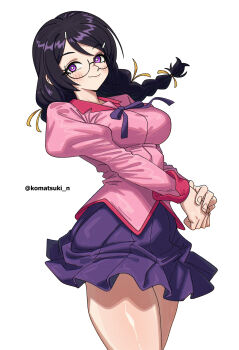1girl absurdres artist_name bilingual_commentary black_hair braid breasts bright_pupils closed_mouth commentary cowboy_shot glasses hanekawa_tsubasa highres juliet_sleeves komatsuki_n large_breasts long_hair long_sleeves looking_at_viewer mixed-language_commentary monogatari_(series) naoetsu_high_school_uniform neck_ribbon own_hands_together pink_shirt pleated_skirt puffy_sleeves purple_eyes purple_ribbon purple_skirt ribbon school_uniform shirt simple_background skirt smile solo standing twitter_username white_background white_pupils