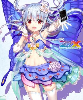 1girl armpits blue_dress blue_hair braid breasts butterfly_wings copyright_logo copyright_name dress floating_hair flower fujima_takuya gloves hair_flower hair_ornament insect_wings jewelry kagamihara_azumi logo long_hair looking_at_viewer necklace official_art open_mouth red_eyes side_braids small_breasts solo thighhighs trading_card two_side_up white_gloves white_thighhighs wings z/x