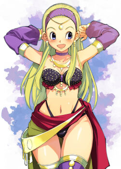 1girl arms_behind_head arms_up bikini black_bikini blonde_hair blue_eyes blush breasts choker cleavage collarbone dancer detached_sleeves dragon_quest dragon_quest_xi earrings hairband harem_outfit highleg highleg_bikini highres jewelry long_hair long_sleeves looking_to_the_side medium_breasts muramasa_mikado navel necklace official_alternate_costume open_mouth purple_background purple_thighhighs red_sarong sarong senya_(dq11) smile square_enix standing swimsuit thighhighs