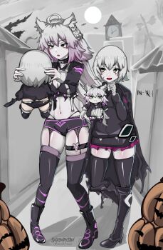 Rule 34 | 2girls, absurdres, artist name, atalanta (fate), atalanta alter (fate), black thighhighs, commentary request, fang, fate/grand order, fate (series), gradient hair, green eyes, hair between eyes, heart, highres, jack-o'-lantern, jack the ripper (fate/apocrypha), jamshrimpy, legband, long sleeves, looking at another, multicolored hair, multiple girls, navel, open mouth, outdoors, pumpkin, purple hair, skin fang, thick thighs, thighhighs, thighs