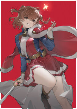 Rule 34 | 1girl, absurdres, aijou karen, arm at side, belt, belt buckle, black boots, blue jacket, boots, border, brown belt, brown eyes, brown hair, buckle, chinese commentary, chromatic aberration, commentary request, crown, epaulettes, floating, floating hair, floating object, foot out of frame, fur-trimmed jacket, fur trim, glint, grin, hair between eyes, hair ornament, hand up, highres, holding, holding sword, holding weapon, jacket, jacket on shoulders, leg up, long sleeves, looking at object, mini crown, miniskirt, multicolored jacket, outside border, red background, red jacket, red skirt, sash, short hair, shoujo kageki revue starlight, shoulder sash, simple background, single stripe, skirt, smile, solo, sparkle hair ornament, standing, standing on one leg, striped clothes, striped skirt, sword, tassel, tilted headwear, two side up, unworn hair ornament, waist cape, weapon, white border, white sash, xtears kitsune