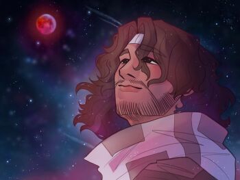 Rule 34 | 1boy, aegyo sal, beard stubble, brown eyes, brown hair, buondiorno, commentary, english commentary, facial hair, glowing, headband, highres, iron lung (movie), looking to the side, male focus, medium hair, moon, night, portrait, red moon, simon (iron lung), sky, smile, solo, space, star (sky), starry sky, stubble, wavy hair