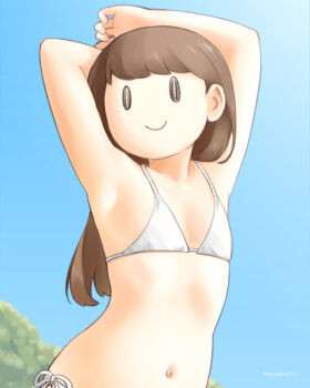alternate_costume armpit_crease arms_up bikini blue_sky brown_eyes brown_hair closed_mouth cropped_torso day flat_chest long_hair long_sleeves looking_at_viewer miyako_hito mob_face navel original sky smile solo swimsuit tree upper_body white_bikini