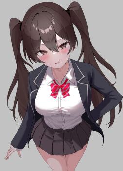 Rule 34 | 1girl, black jacket, black skirt, blush, bow, bowtie, breasts, brown eyes, brown hair, commentary request, doyagao, eikawa suru, grey background, highres, jacket, large breasts, long hair, long sleeves, looking at viewer, open clothes, open jacket, original, pleated skirt, red bow, red bowtie, school uniform, shirt, simple background, skirt, smile, smug, solo, striped bow, striped bowtie, striped clothes, twintails, white shirt