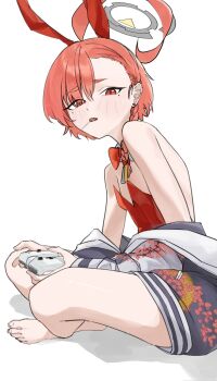 1girl ahoge animal_ears bandaid bandaid_on_foot bandaid_on_knee bandaid_on_leg bare_legs barefoot blue_archive bow bowtie controller detached_collar fake_animal_ears game_controller gangjeong grey_halo halo hashtag-only_commentary highres holding holding_controller holding_game_controller huge_ahoge jacket leotard looking_at_viewer mole mole_under_each_eye mole_under_eye multiple_moles neru_(blue_archive) neru_(bunny)_(blue_archive) no_shoes official_alternate_costume orange_hair oversized_breast_cup playboy_bunny print_jacket red_bow red_bowtie red_leotard short_hair simple_background sitting slouching solo strapless strapless_leotard sukajan tag toes white_background
