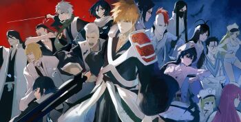 6+boys 6+girls abarai_renji antenna_hair as_nodt askin_nakk_le_vaar bambietta_basterbine bandana bankai bazz-b black_hair bleach bleach:_sennen_kessen-hen blonde_hair blue_background blunt_bangs breasts candice_catnipp cleavage coat earrings giselle_gewelle glasses haori hat headwear_request hirako_shinji hitsugaya_toushirou holding holding_sword holding_weapon ishida_uryuu jacket japanese_clothes jewelry kuchiki_byakuya kuchiki_rukia kurosaki_ichigo large_breasts liltotto_lamperd long_hair mask meninas_mcallon military military_hat military_jacket military_uniform mohawk muguruma_kensei multiple_boys multiple_girls open_mouth orange_hair peaked_cap purple_hair quincy_(bleach) red_background red_hair scarf shikai shinigami short_hair spiked_hair sui-feng sword taichou_haori wandenreich wandenreich_uniform weapon white_coat white_hair zanpakutou zzz_zhi_he