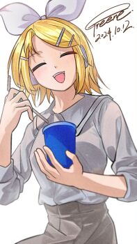 1girl blonde_hair bow closed_eyes collared_shirt commentary_request cup dated disposable_cup drinking_straw facing_viewer greene_(darknifeg) hair_bow hair_ornament hairclip headphones highres holding holding_cup holding_drinking_straw kagamine_rin open_mouth shirt shirt_tucked_in short_hair signature sleeves_rolled_up smile solo vocaloid