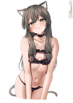1girl animal_ear_fluff animal_ears artist_name black_bra black_choker black_panties blunt_tresses blush bra cat_cutout cat_ear_panties cat_ears cat_girl cat_lingerie cat_tail choker cleavage_cutout closed_mouth clothing_cutout collarbone commentary_request cropped_legs ebifurya grey_hair hair_between_eyes hair_intakes highres i-47_(kancolle) kantai_collection light_smile long_hair looking_at_viewer navel one-hour_drawing_challenge panties parted_bangs sidelocks simple_background skindentation solo tail thighs twitter_username underwear white_background yellow_eyes