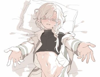 Rule 34 | 1boy, crop top, cum, cum on body, cum on male, cum on stomach, fate/grand order, fate (series), lying, marisbury animusphere, navel, on back, open clothes, pillow, reaching, reaching towards viewer, shiramaroa