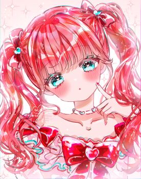 1girl :o aqua_eyes bare_shoulders blush bow bright_pupils choker commentary_request fingernails heart heart-shaped_pupils highres long_hair nail_polish off-shoulder_shirt off_shoulder original pa_ff parted_lips red_bow red_eyes red_nails shirt solo symbol-shaped_pupils twintails twintails_day twitter_username upper_body wavy_hair white_background white_choker white_pupils white_shirt wispy_bangs