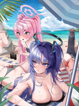 4girls :/ absurdres arm_rest ass ball bare_shoulders barefoot beach beach_mat beach_umbrella beachball bikini black_bikini black_hair black_halo blue_archive blue_sky blush bottle breast_press breasts cleavage closed_mouth cloud collarbone commentary_request crab day feet feet_up fingernails flat_chest frilled_bikini frills hair_between_eyes hair_intakes hair_ornament halo hand_up highres hsxxx koyuki_(blue_archive) large_breasts light_particles long_fingernails long_hair looking_ahead looking_at_another looking_to_the_side lying mechanical_halo multicolored_halo multiple_girls nail_polish ocean on_ground on_stomach open_mouth outdoors pink_eyes pink_hair pink_halo pink_nails purple_eyes purple_hair red_pupils rio_(blue_archive) rock sand side-tie_bikini_bottom sidelocks sitting sky soles sparkle sparkling_eyes starfish swimsuit teeth thigh_strap thighs toes tree triangle_hair_ornament twintails two-tone_halo two_side_up umbrella under_umbrella untied_bikini_top upper_teeth_only very_long_hair wet yuuka_(blue_archive)